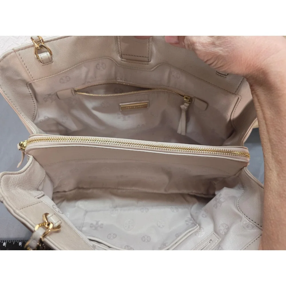 Tory Burch Fleming Tote Large Beige Good Quilted Leather Chain Shoulder Bag